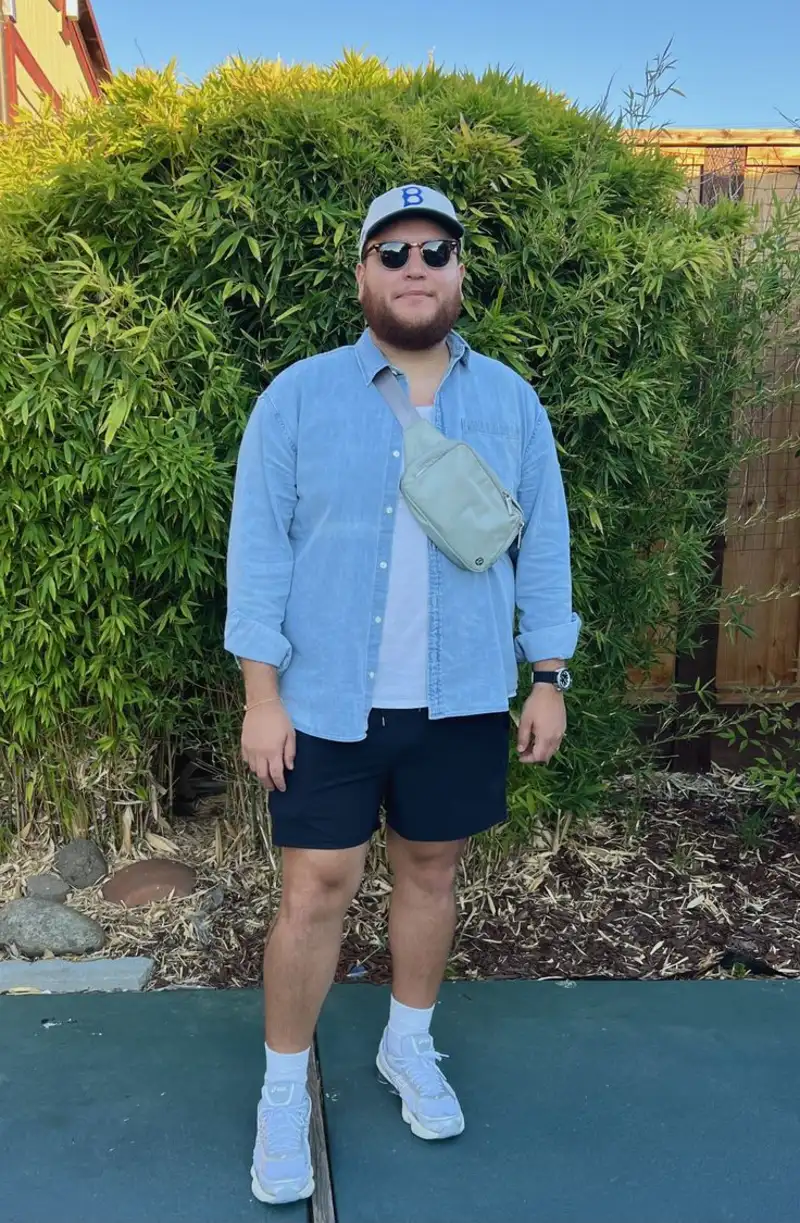 Denim Shirt, T-Shirt, and Shorts