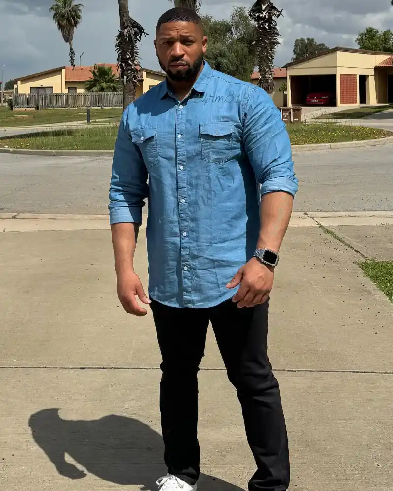 Denim Shirt and Black Pants