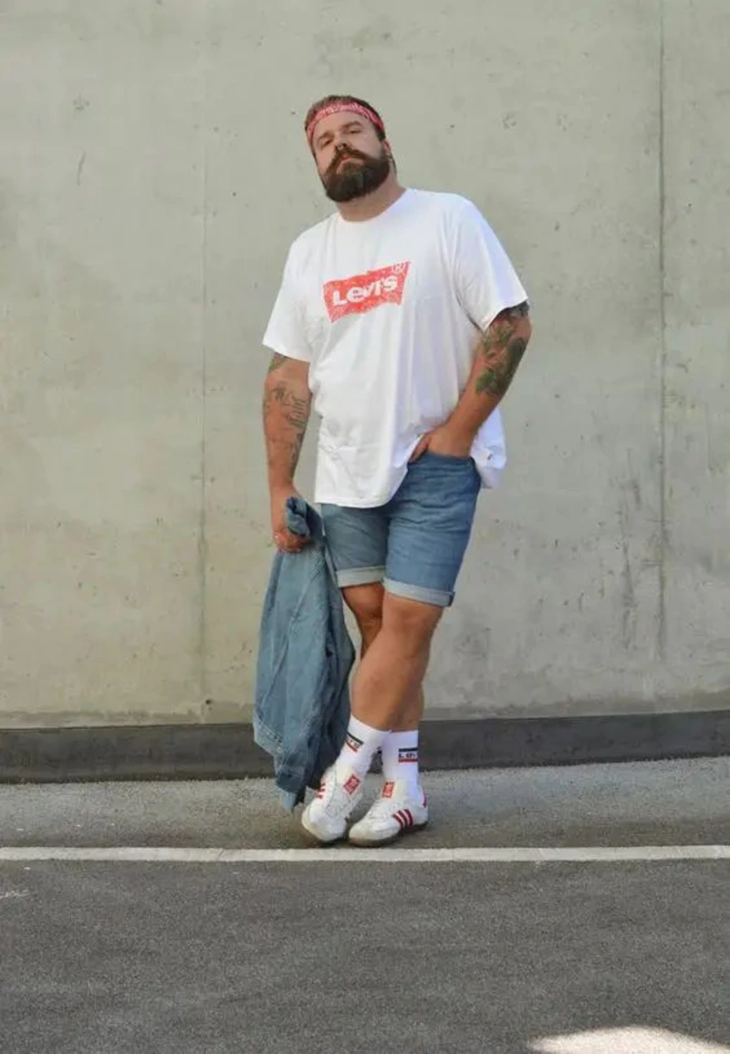 Denim Shorts and Branded T-Shirt