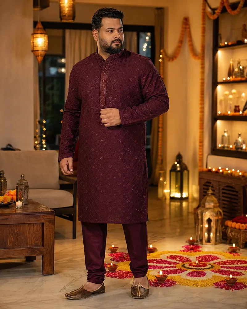 Detailed Wine Red Kurta Pajama