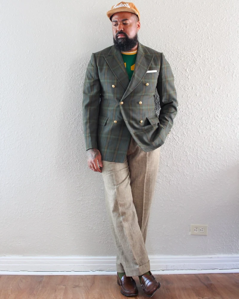 Double-Breasted Plaid Blazer, Graphic Sweater