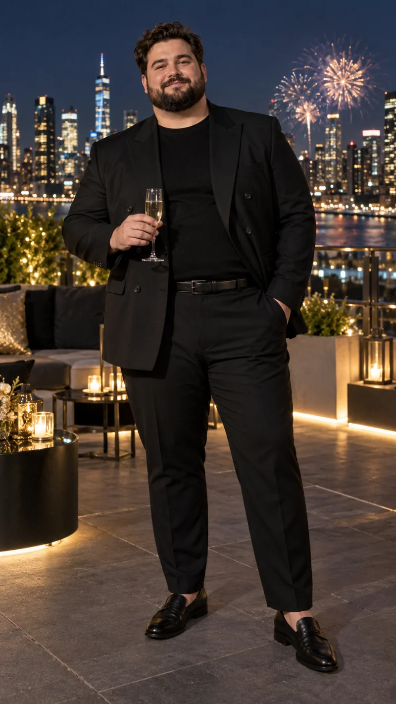 Double-Breasted Suit Jacket, Crewneck Shirt, Dress Trousers, Belt, and Loafers