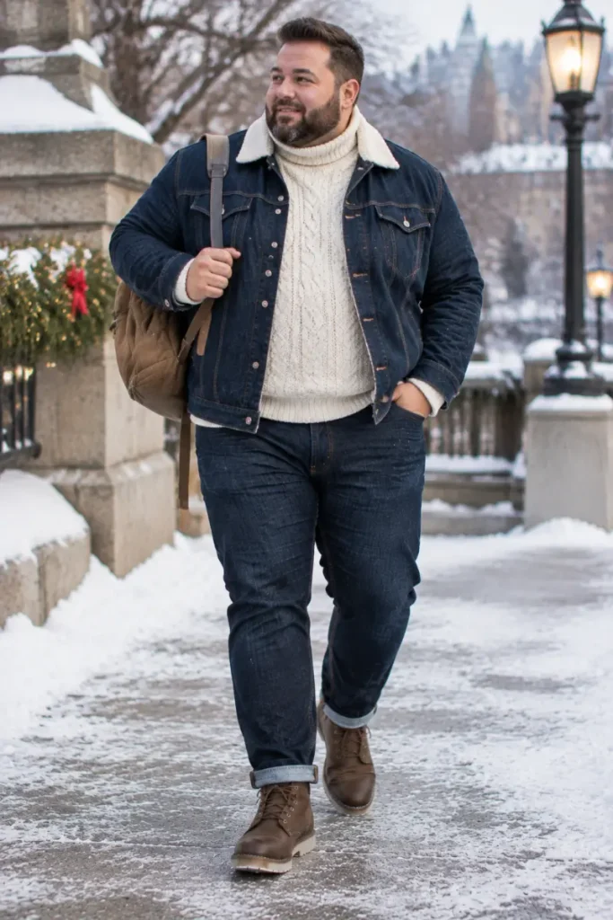 Double Denim Layered Over A Cream Turtleneck