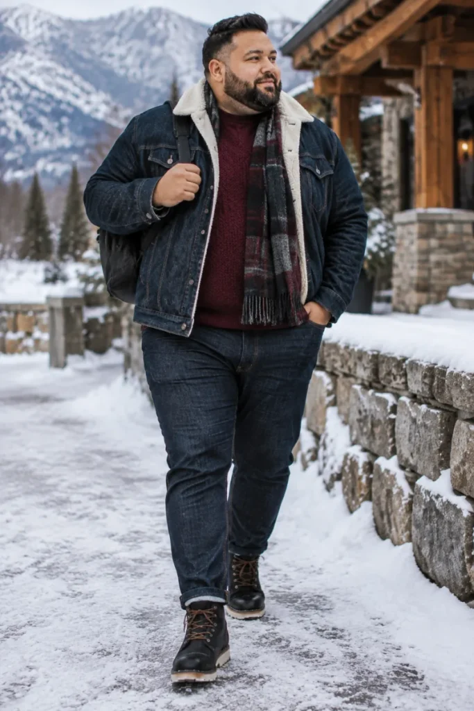 Double Denim With Burgundy Knit And Shearling
