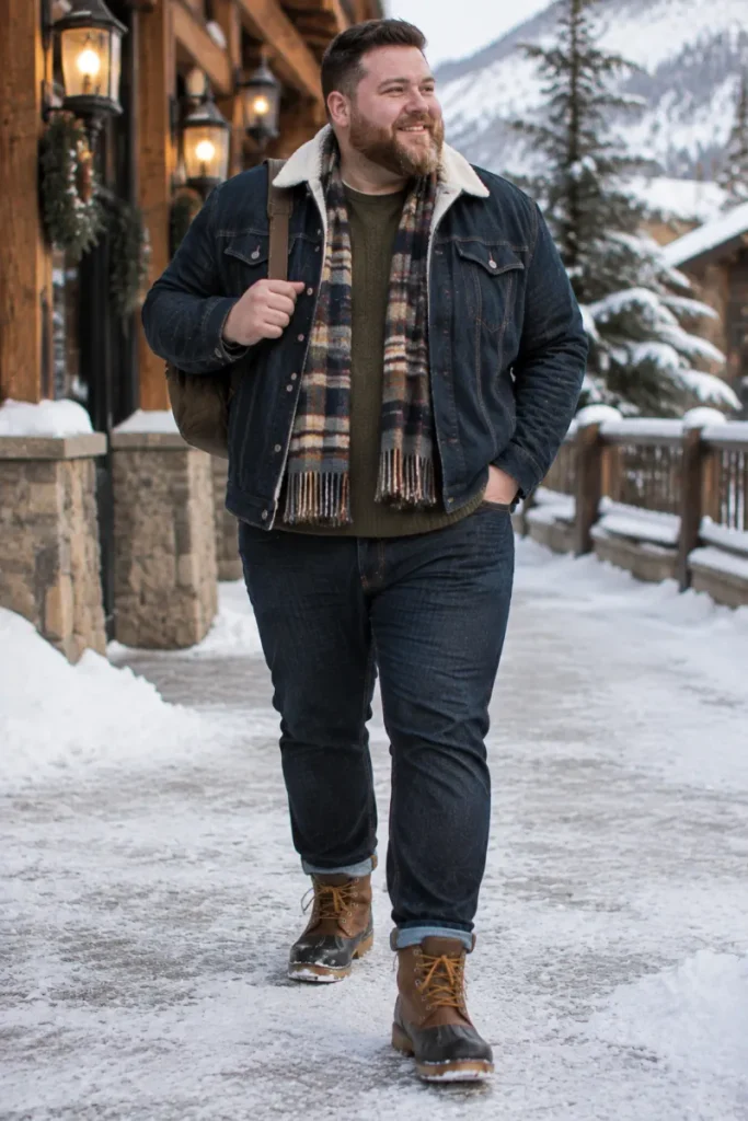 Double Denim With Olive Knit And Plaid Scarf