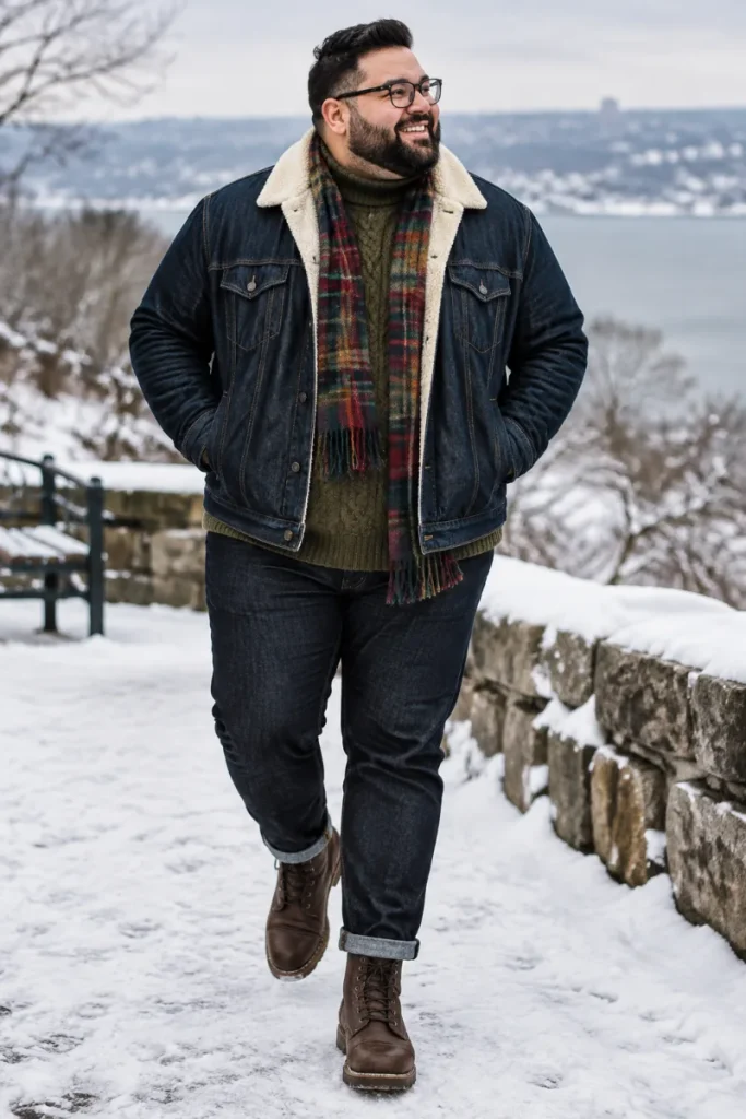Double Denim With Plaid And Olive Knit