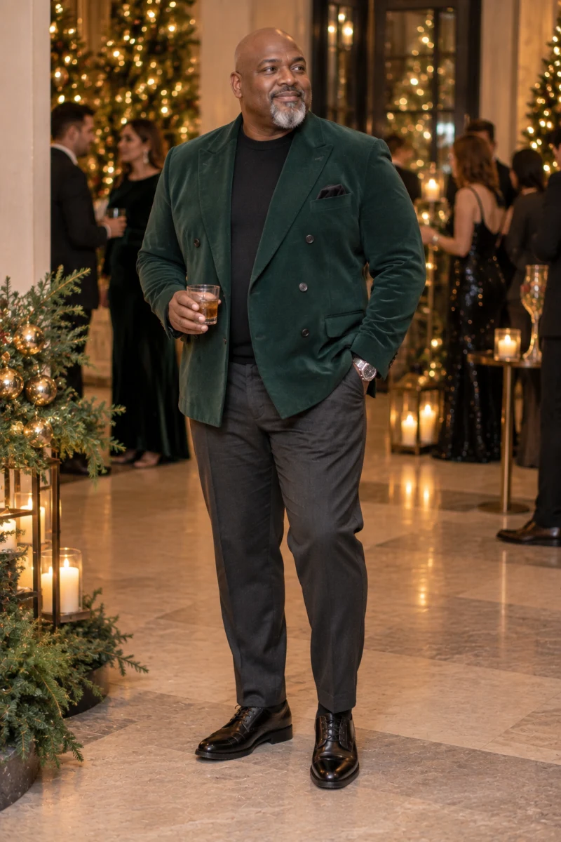 Dress Up a Green Velvet Blazer With Charcoal Trousers