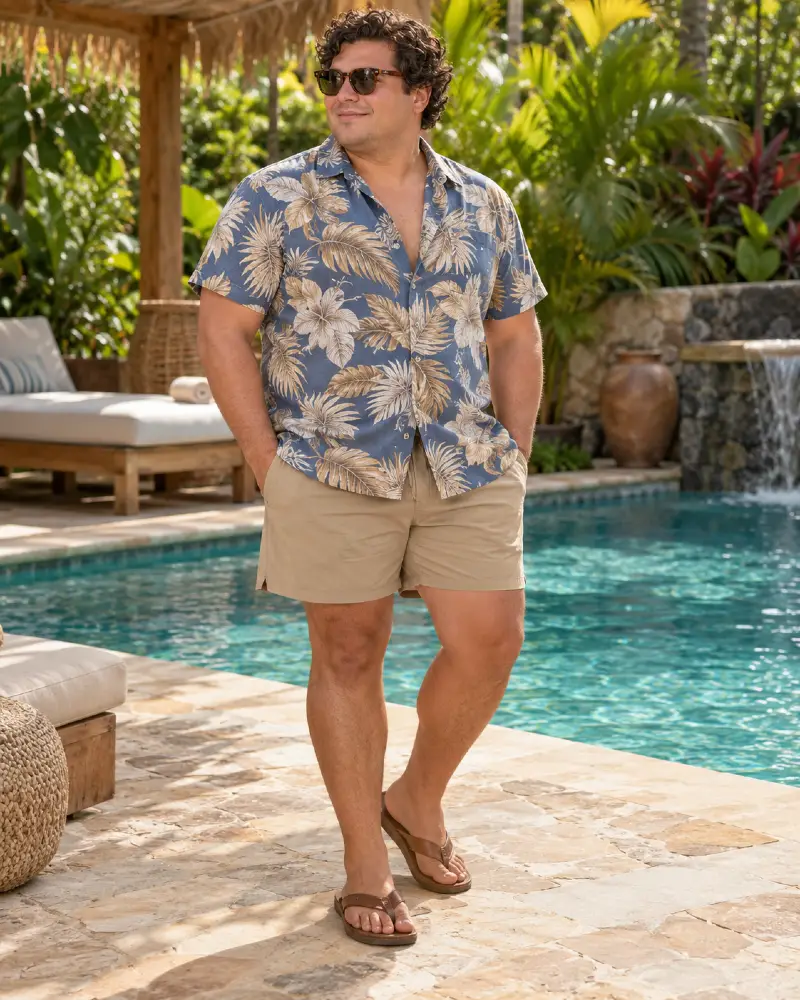Dusty Blue Botanical Print With Grounded Khaki Shorts