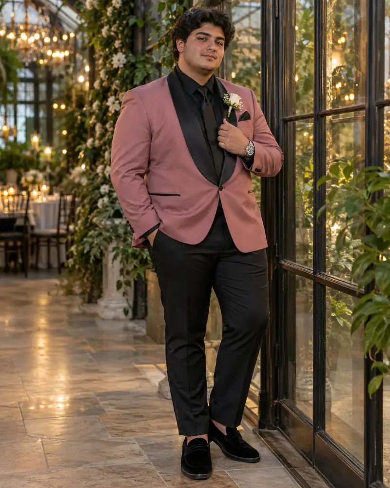 Dusty Pink Blazer With Black Lapels For Modern Botanical Settings