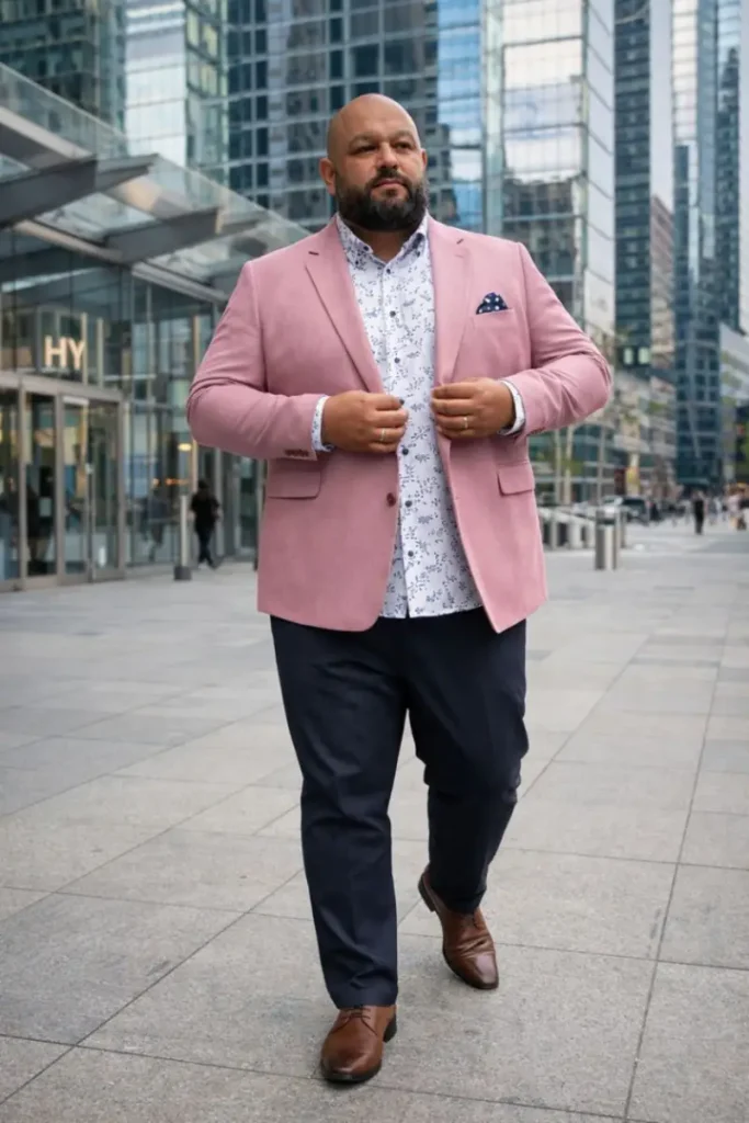 Dusty Pink Blazer and Navy Trousers
