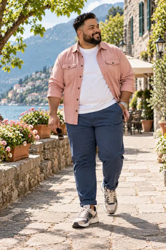 Dusty Pink Overshirt With Navy Chinos And Grey Sneakers