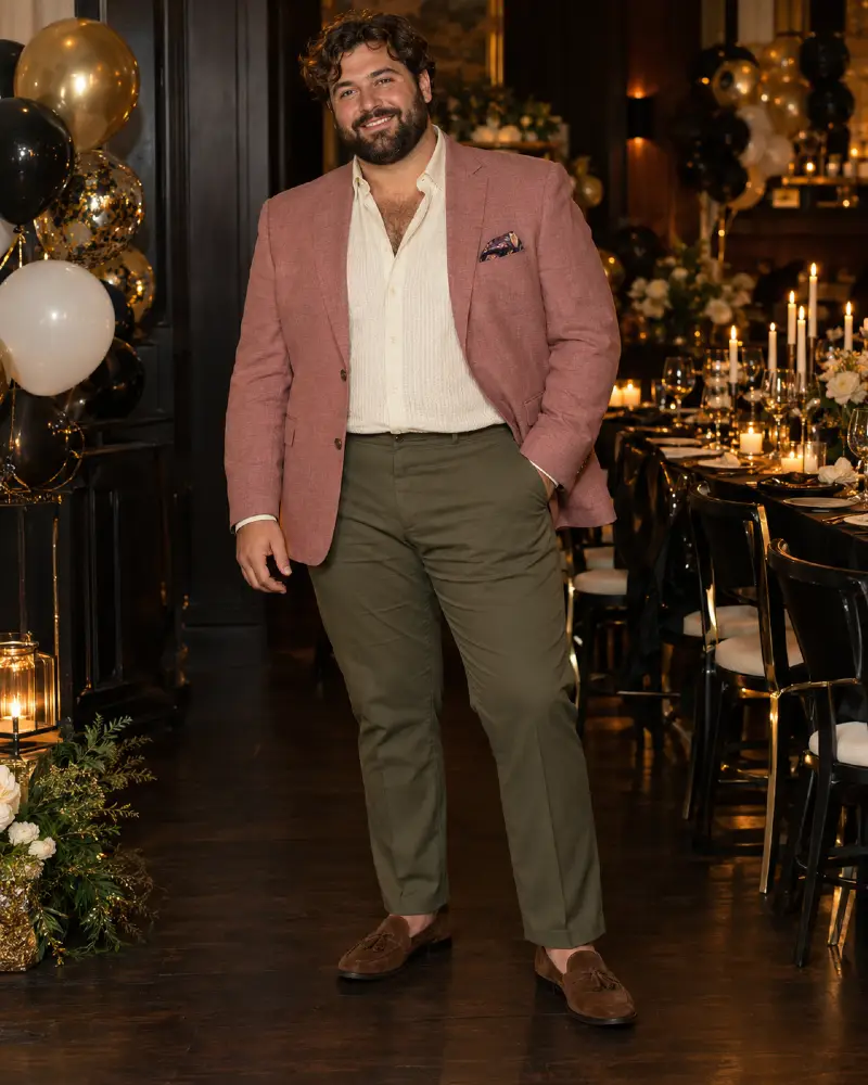 Dusty Rose Blazers and Olive Trousers for Evening Dinners