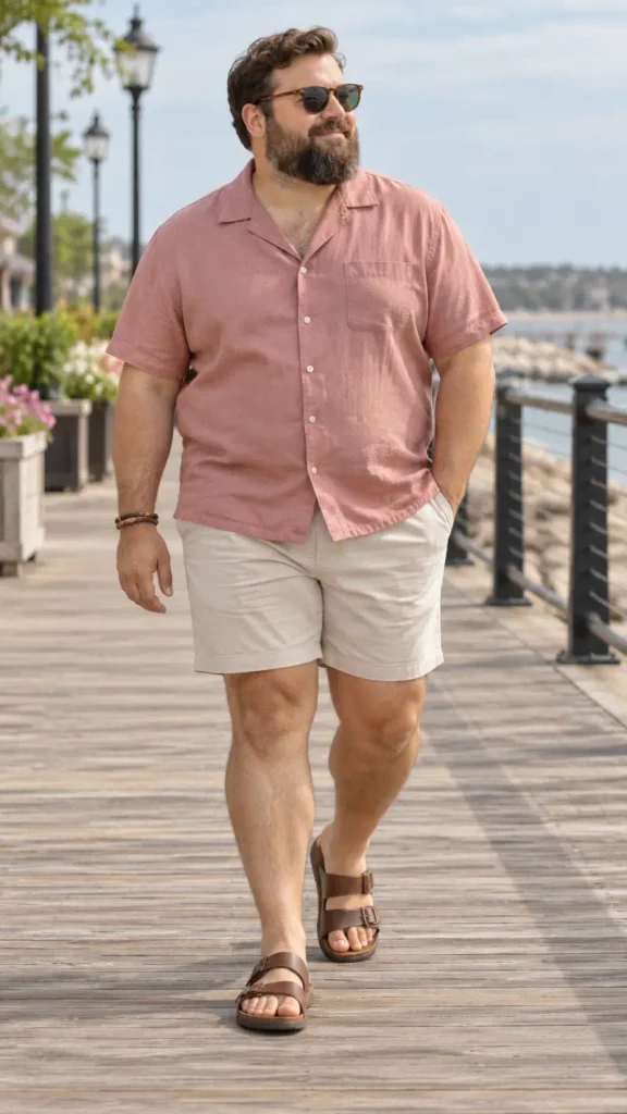 Dusty Rose Camp Shirt and Khaki Shorts