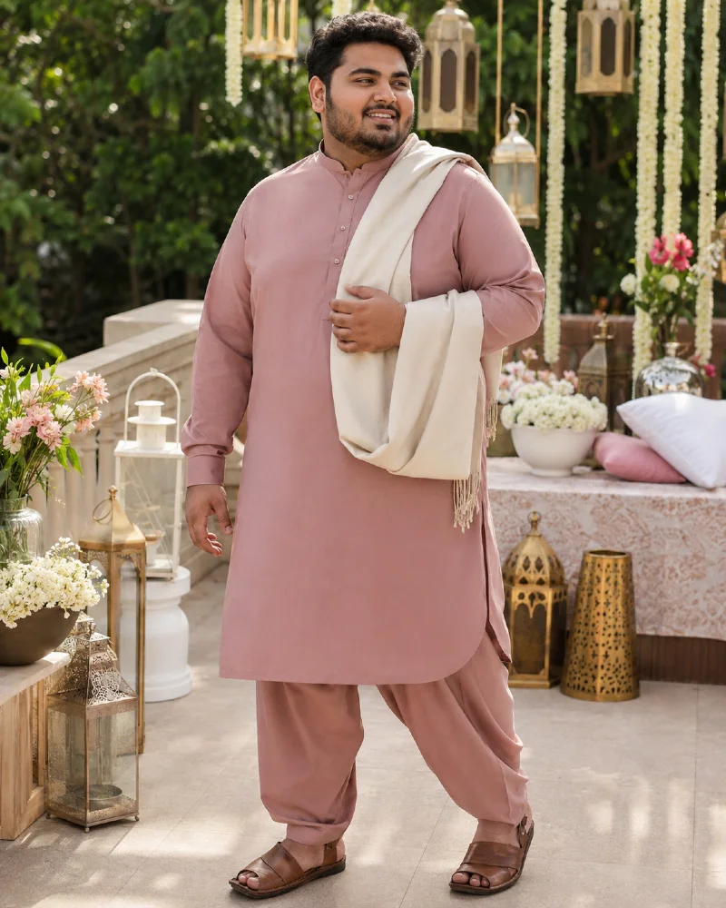 Dusty Rose Shalwar Kameez with Off-White Shawl