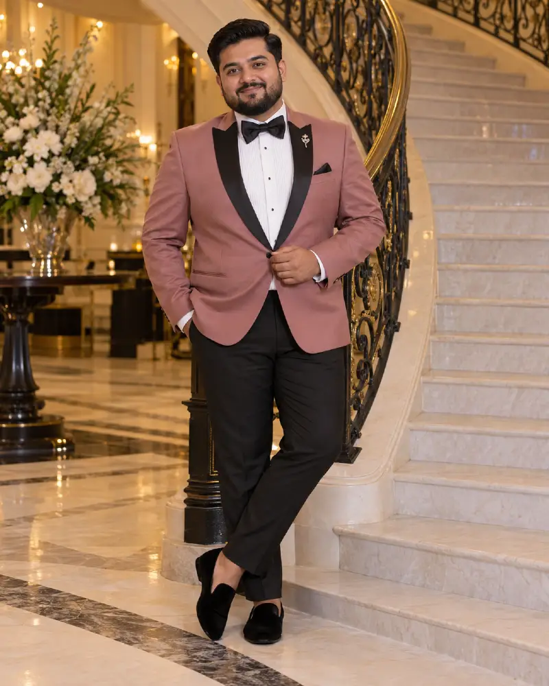 Dusty Rose Tuxedo Jacket With Black Satin Lapels