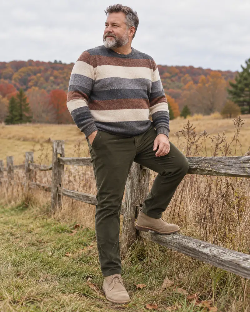 Earth Tone Striped Sweater and Olive Green Trousers