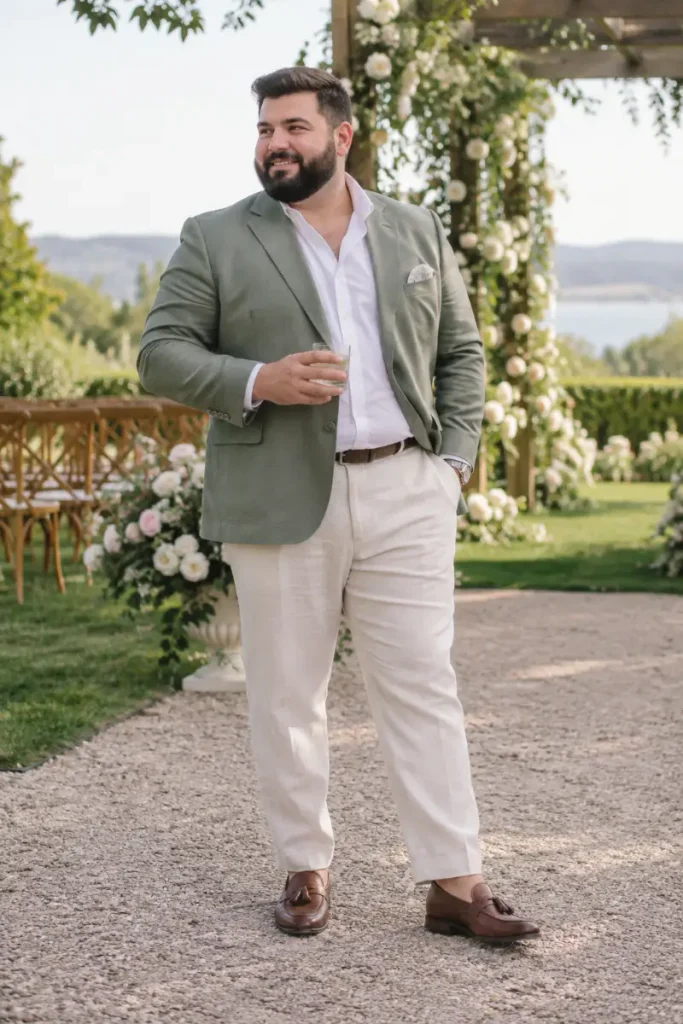 Earthy Green Blazer With Ivory Trousers
