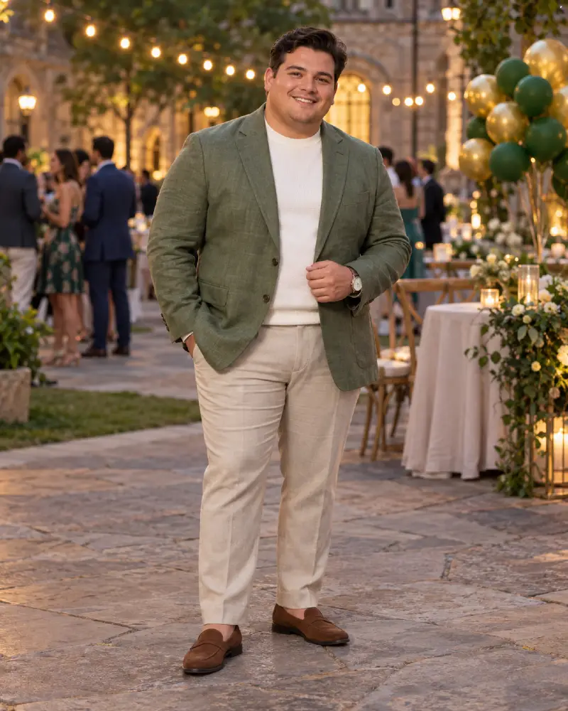 Earthy Green Blazers and Cream Knits for Garden Receptions