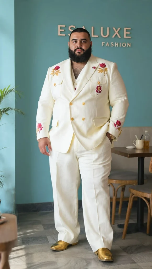 Embroidered Cream Suit and Gold Hardware