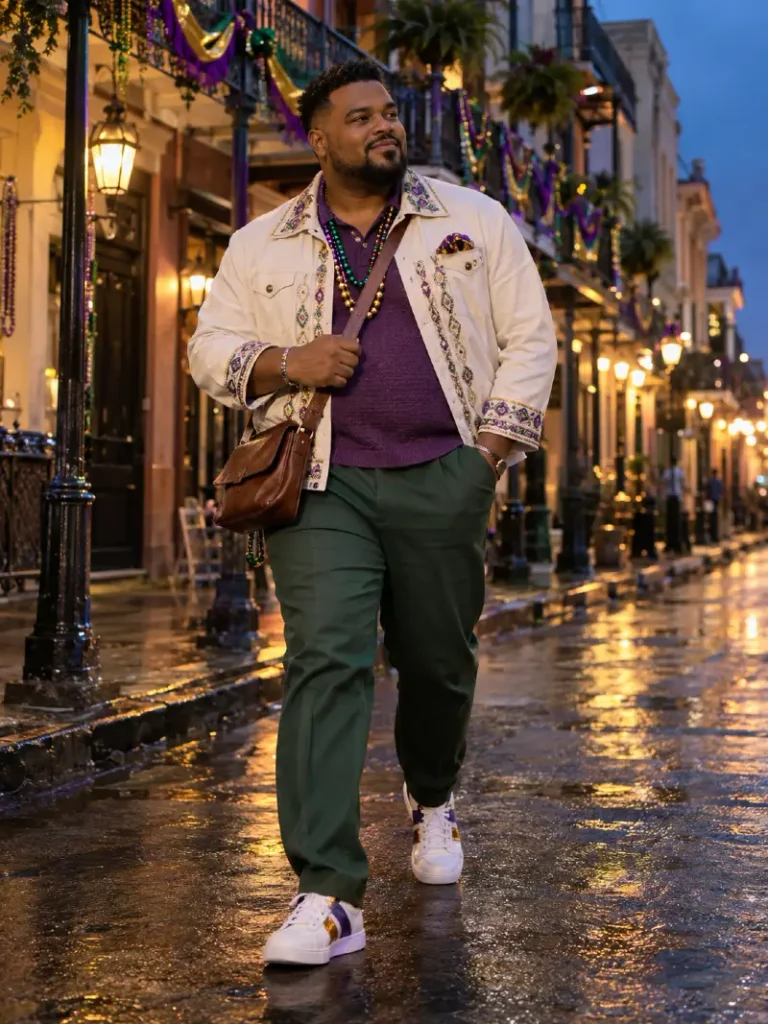 Embroidered Off-White Jacket Over Rich Purple Knit