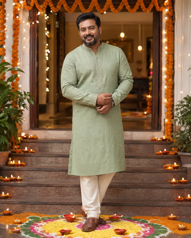 Embroidered Sage Green Kurta Pajama