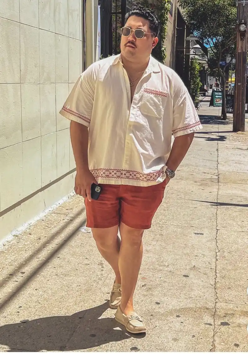 Embroidered Short-Sleeve Button-Up and Shorts