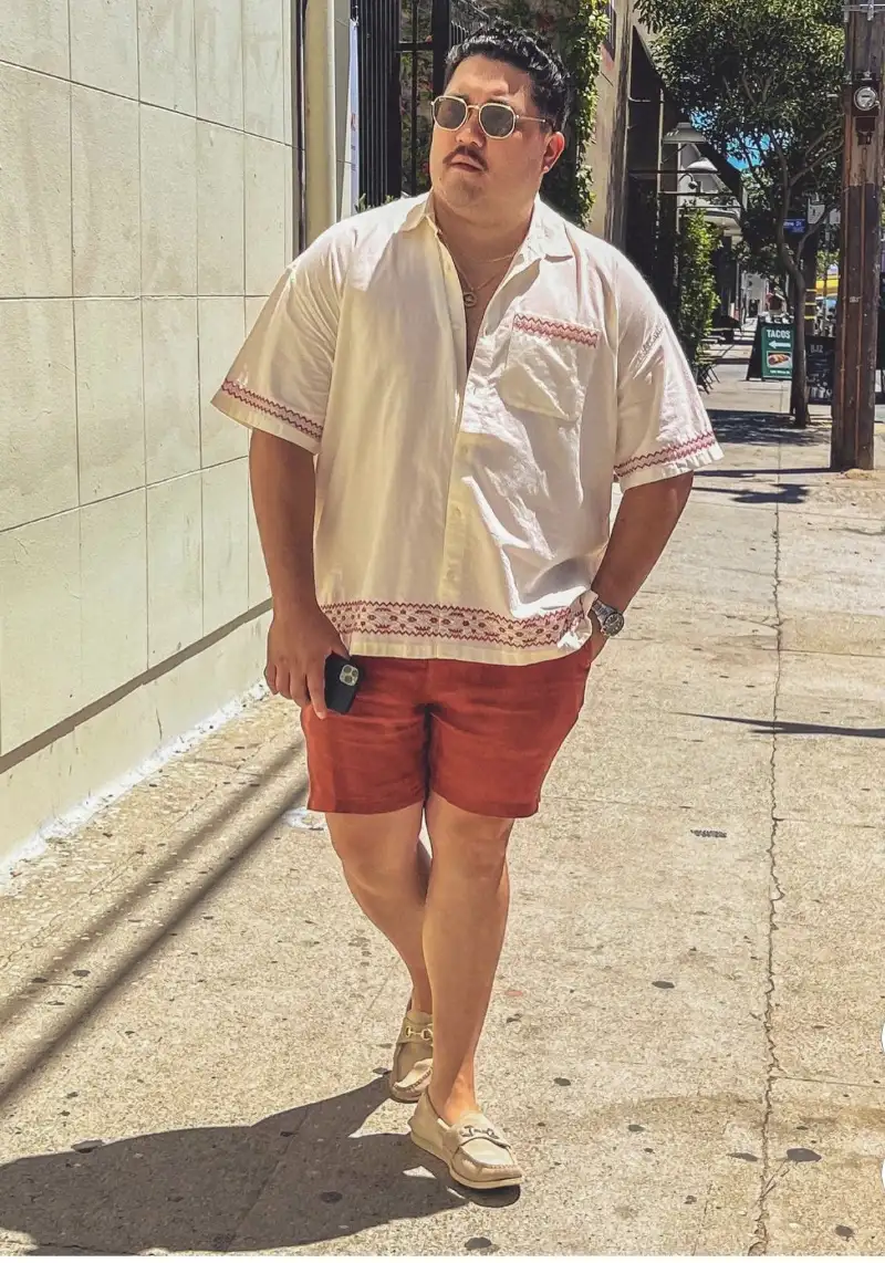 Embroidered Short Sleeve Shirt and Rust Red Shorts