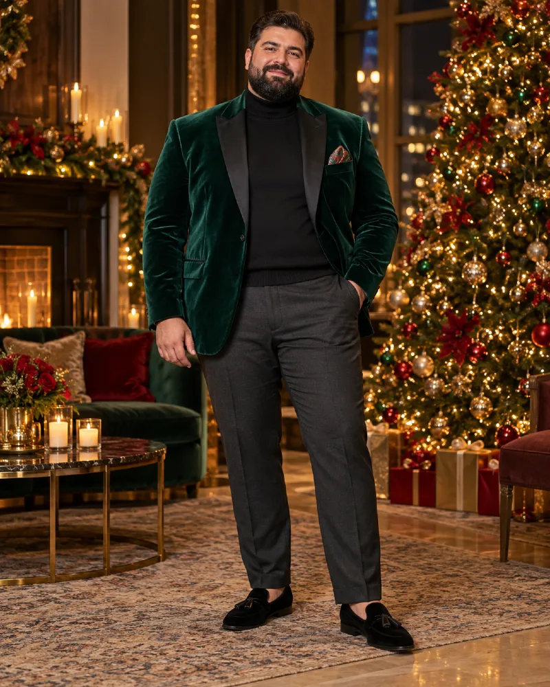 Emerald Green Velvet Blazer With Charcoal Gray Trousers