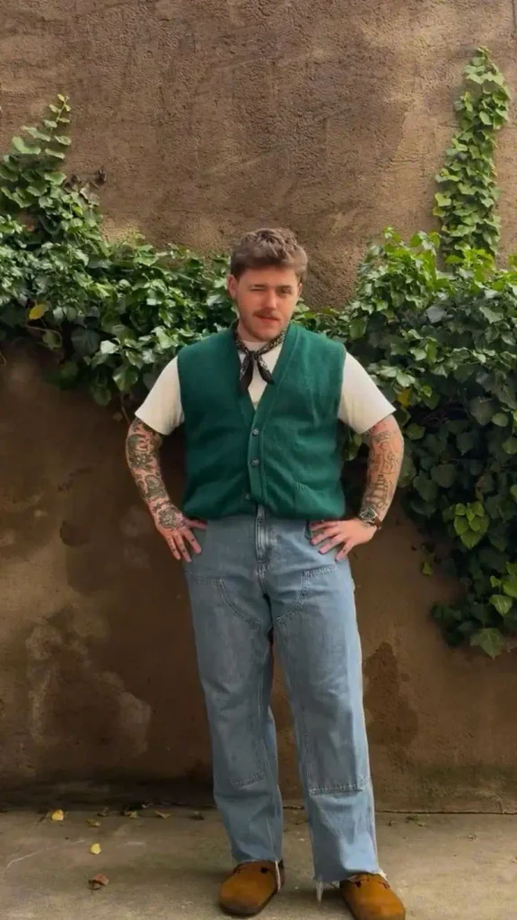 Emerald Knit Vest Over Light Utility Denim