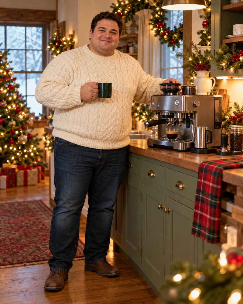 Espresso Machine Gift with Cream Cable-Knit Sweater, Dark Jeans
