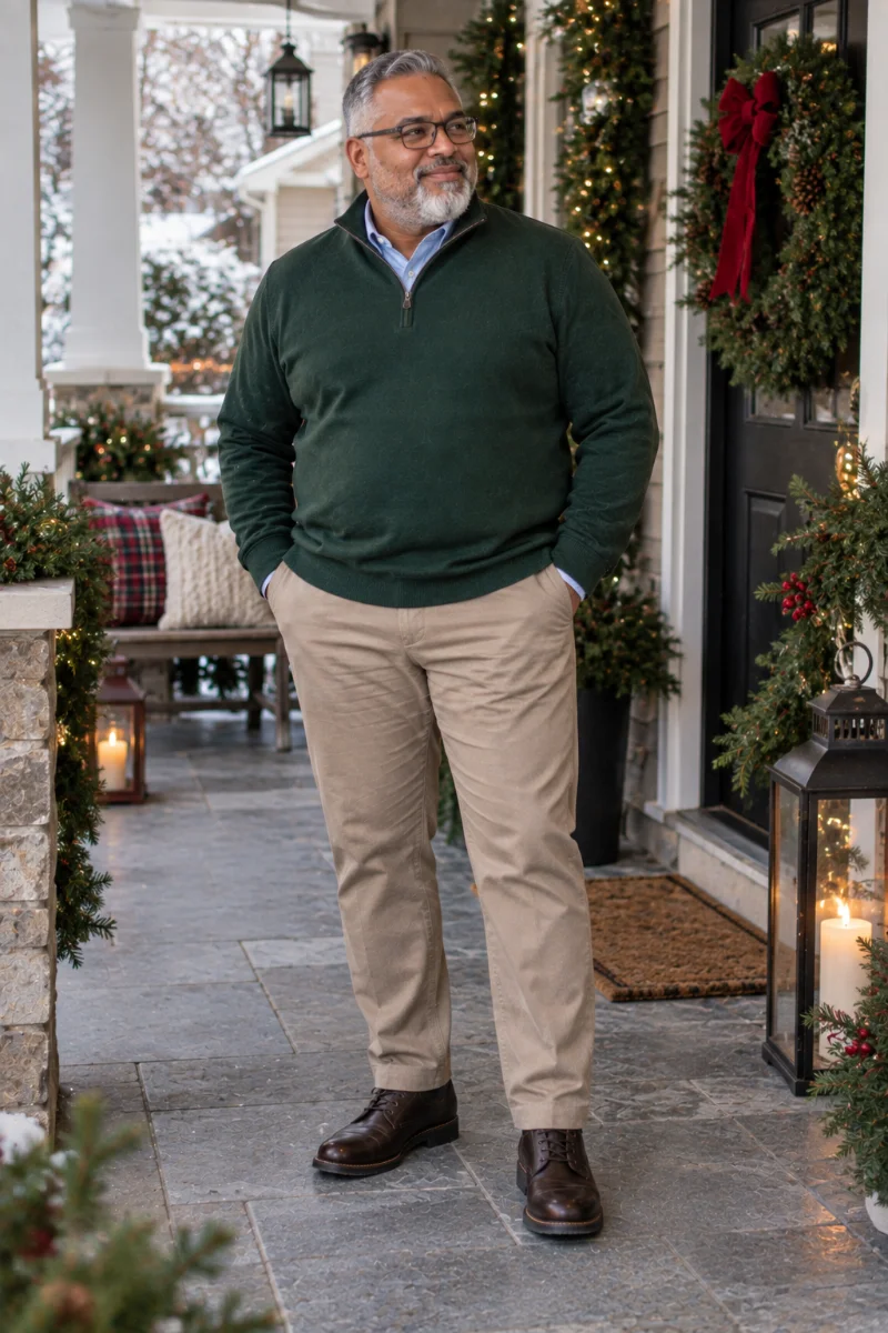 Finish With a Green Quarter-Zip and Khaki Trousers