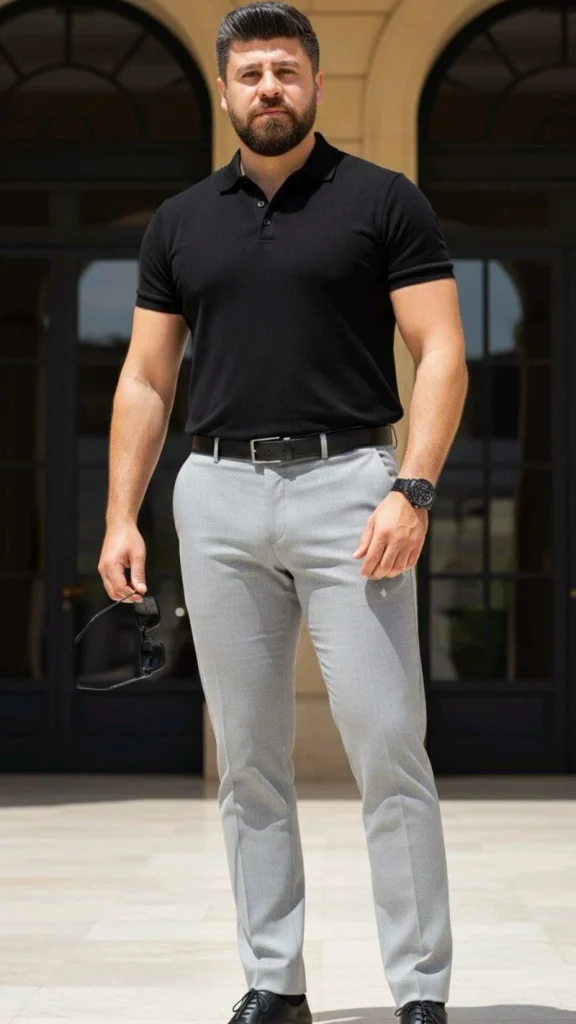 Fitted Black Polo and Light Grey Trousers