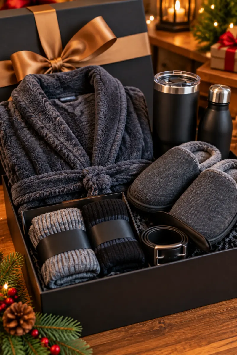 Fleece Bathrobe, House Slippers, Ribbed Socks, and Leather Belt Gift Set