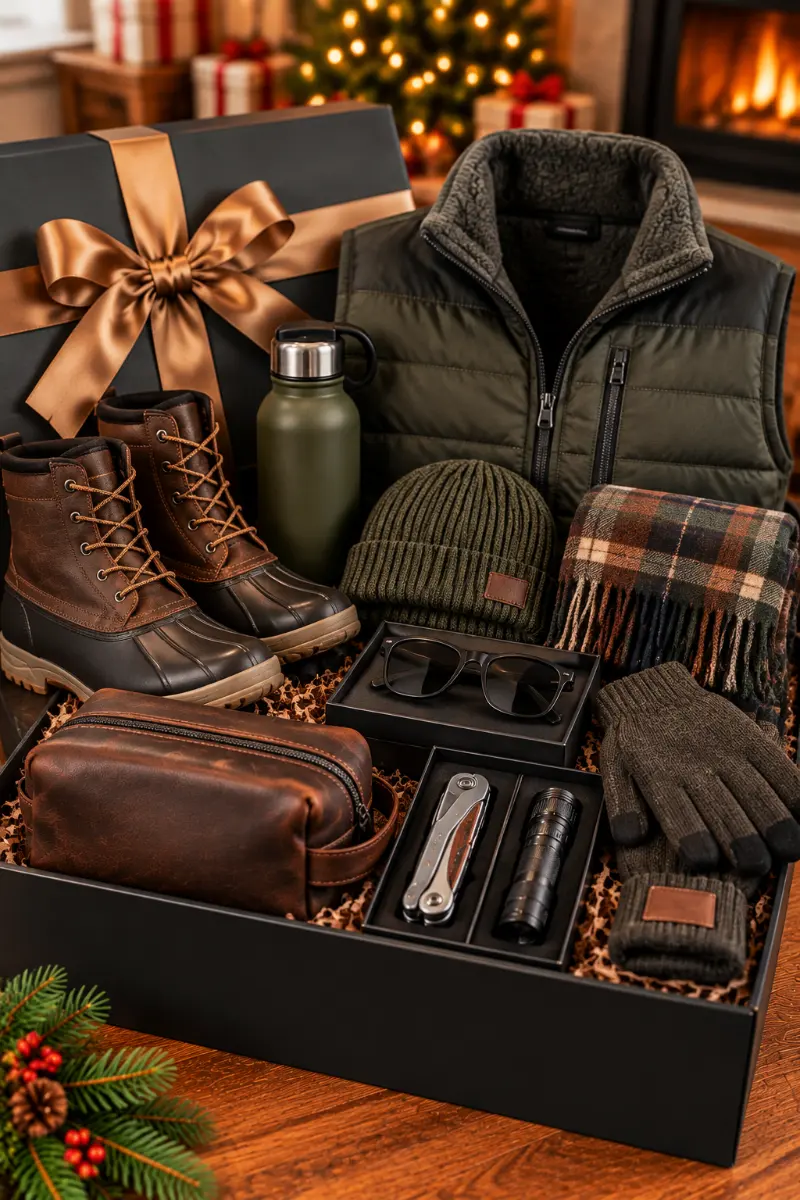 Fleece-Lined Puffer Vest, Winter Duck Boots, Knit Beanie, and Cold-Weather Accessories Gift Set