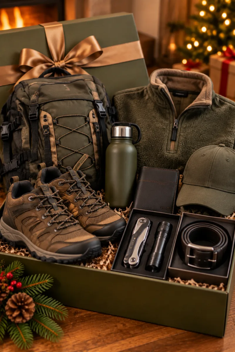 Fleece Pullover, Hiking Shoes, Baseball Cap, and Outdoor Gear Gift Set