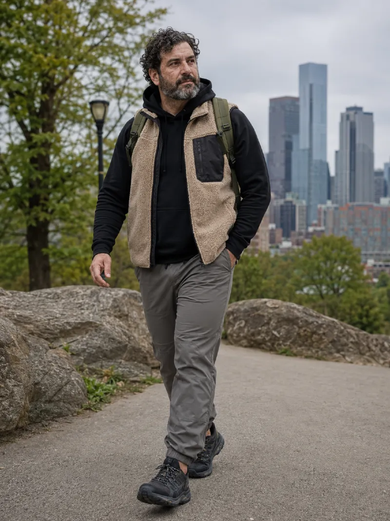 Fleece Vest, Black Hoodie, Grey Jogger Pants, Backpack, and Trail Running Shoes