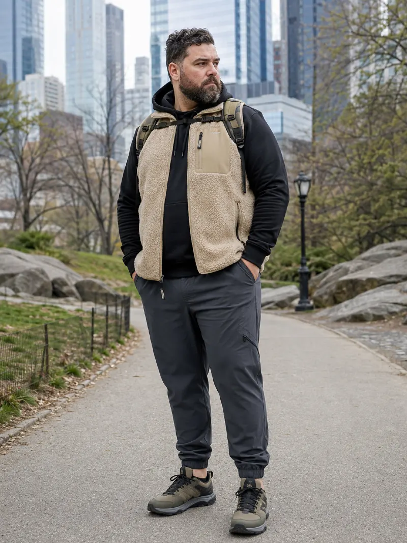 Fleece Vest, Black Hoodie, Jogger Pants, and Trail Running Shoes