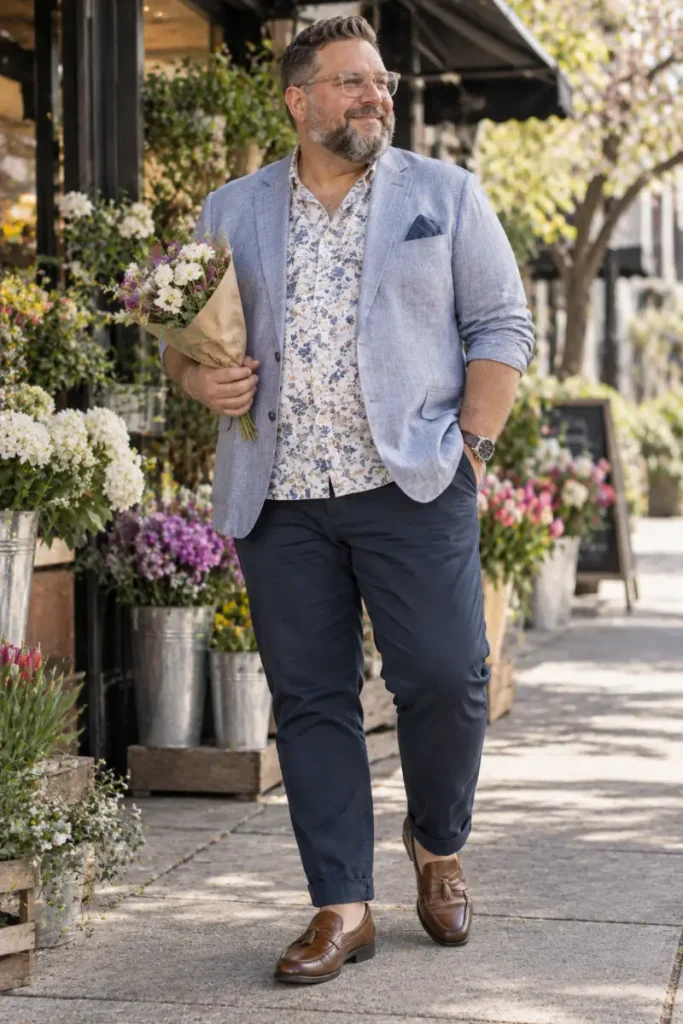 Floral Print Shirt And Blue Blazer Style For Spring Afternoons