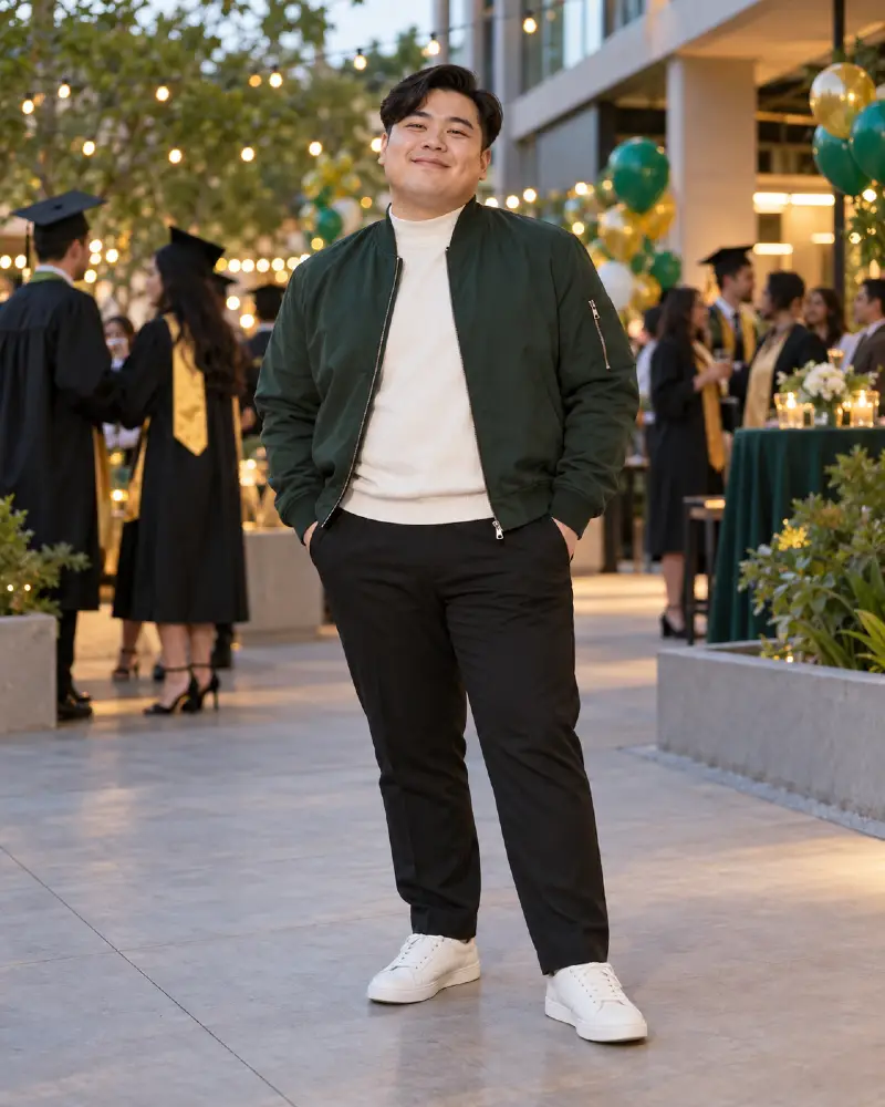 Forest Green Bombers and White Mock Necks for Courtyard Evenings