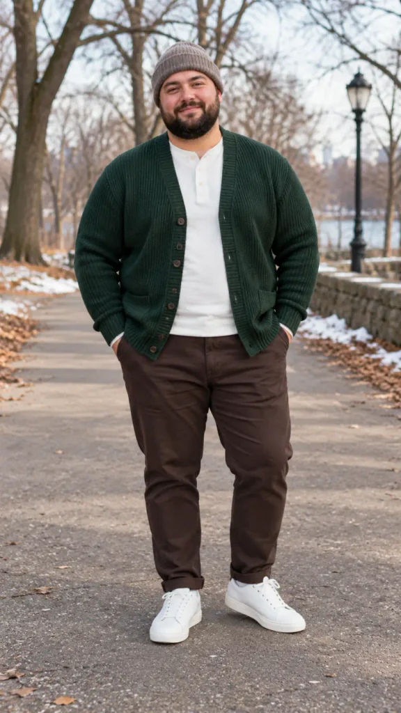 Forest Green Cardigans and Earthy Brown Chinos