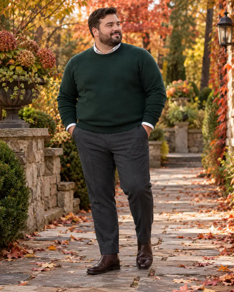 Forest Green Crewneck and Charcoal Trousers