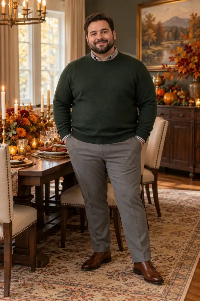Forest Green Crewneck and Tailored Grey Trousers