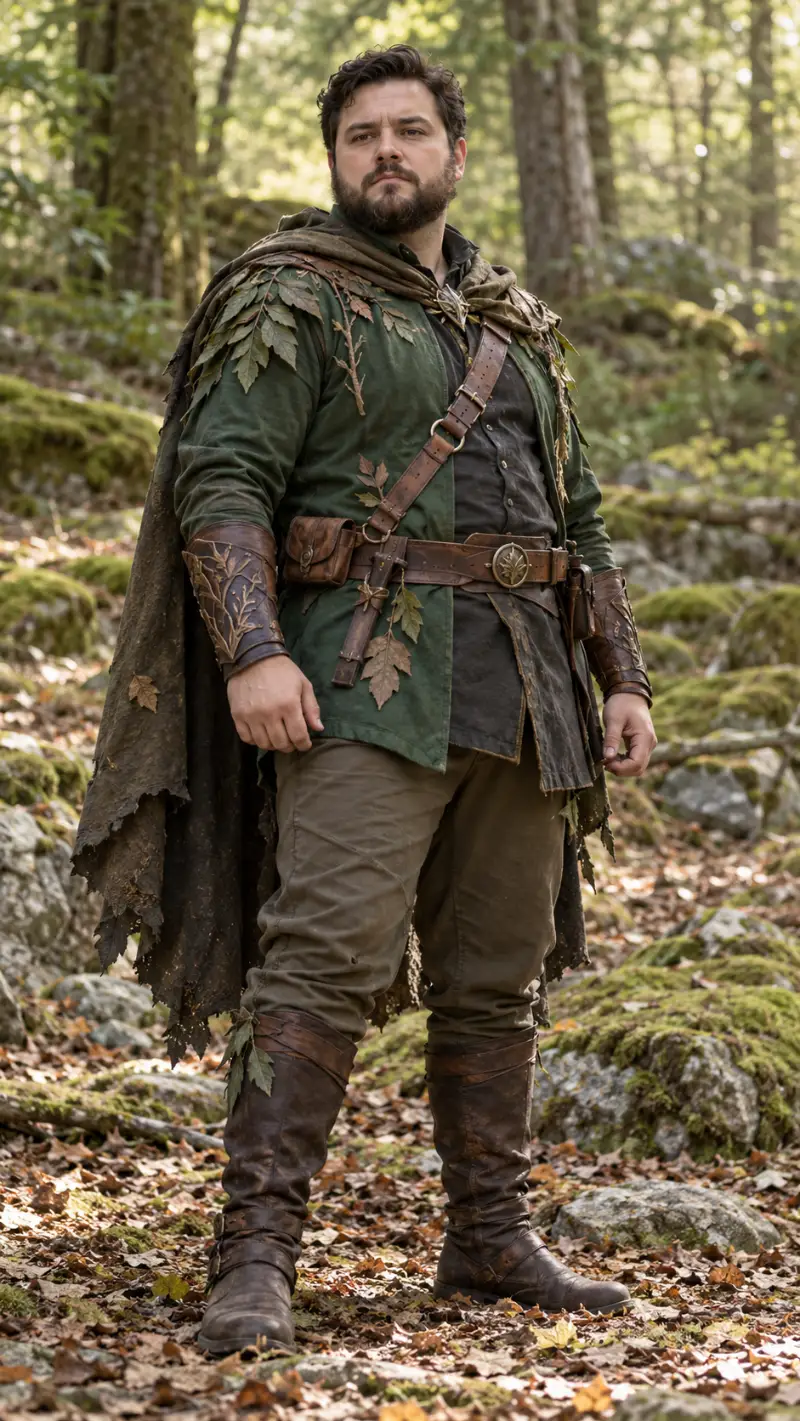 Forest Green Hooded Tunic, Brown Cape & Tall Boots
