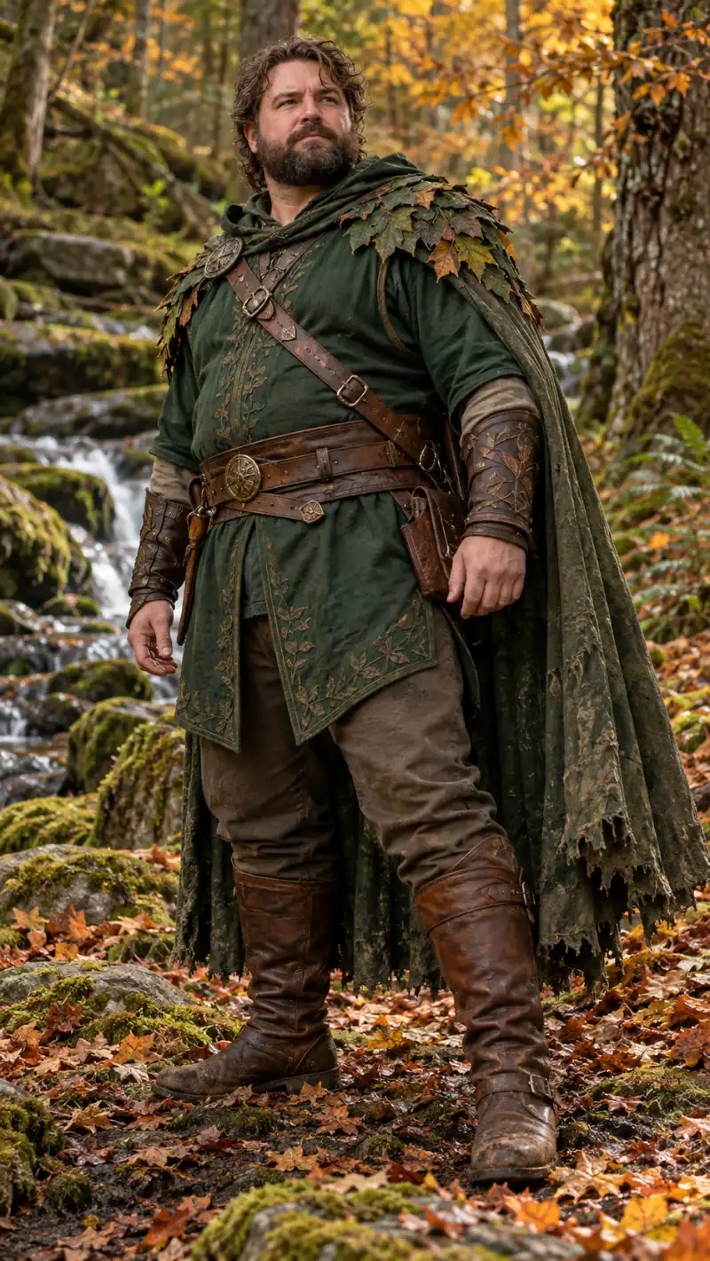 Forest Green Hooded Tunic, Leaf Cape & Brown Leather Boots