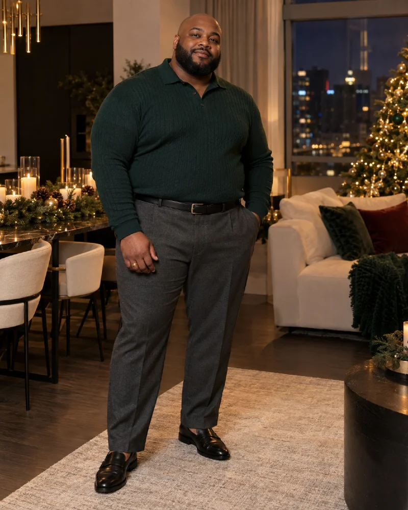 Forest Green Knit Polo with Charcoal Trousers, Black Belt, and Leather Loafers