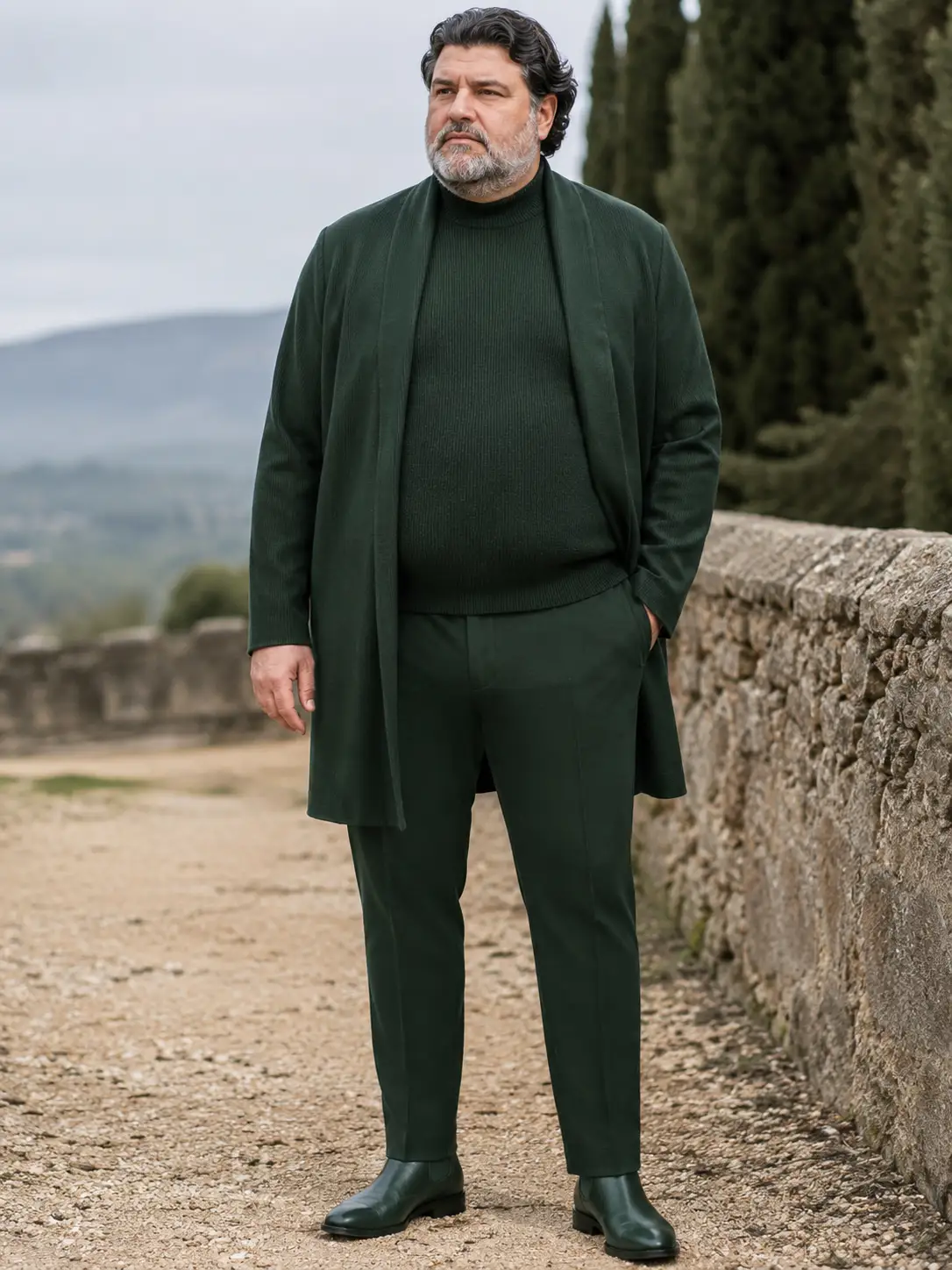 Forest Green Long Cardigan, Turtleneck, and Trousers