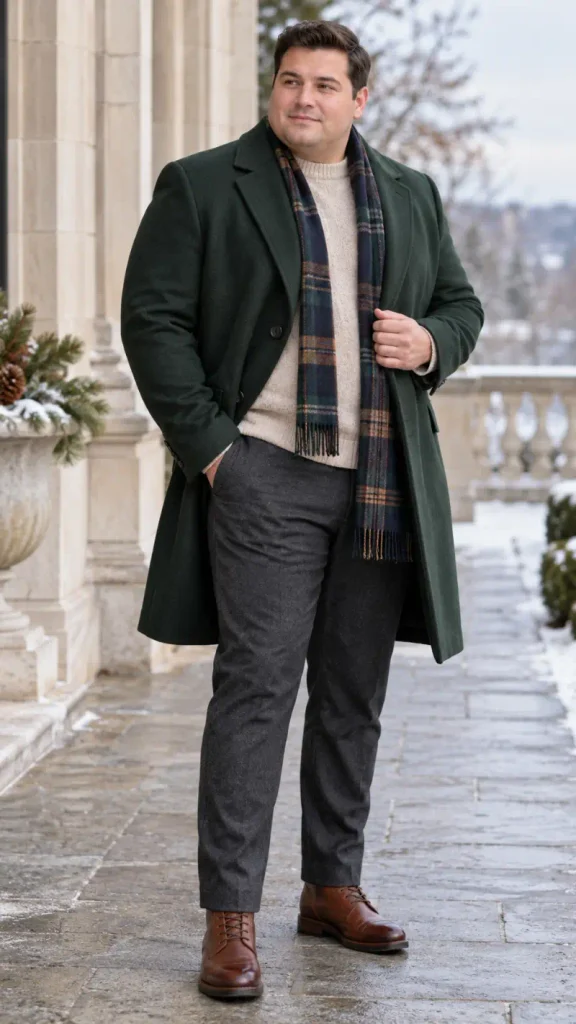 Forest Green Outerwear and Plaid Scarf Accents