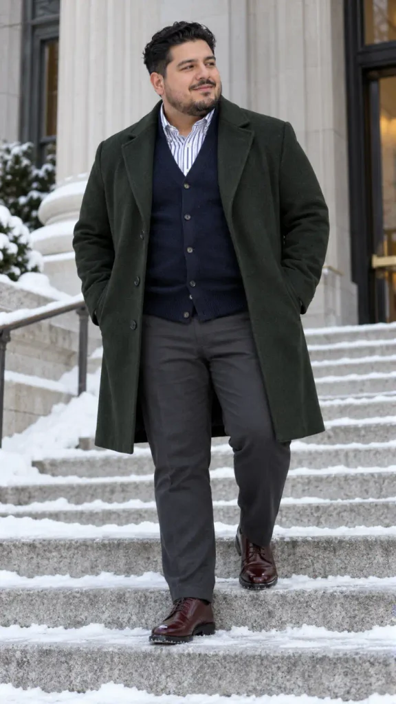 Forest Green Overcoat and Navy Cardigan