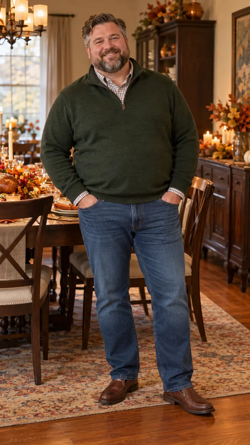 Forest Green Quarter-Zip Sweater, Gingham Button-Down Shirt, Medium Wash Jeans, and Brown Leather Loafers
