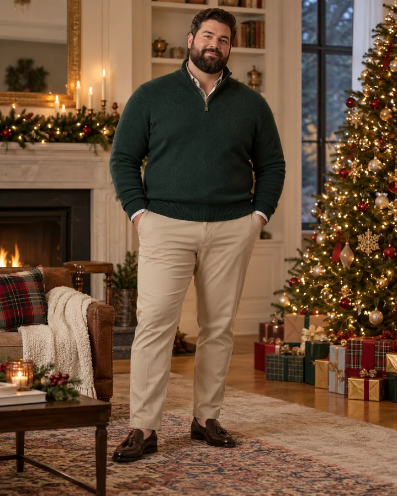 Forest Green Quarter-Zip Sweater, Khaki Chinos